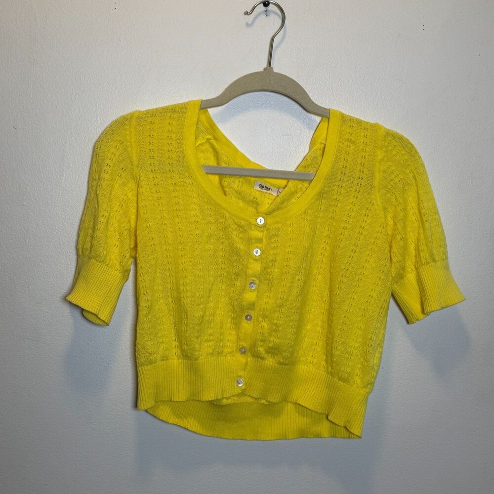 Y2K Preppy Cropped Cardigan Old Navy Yellow Pointelle Knit